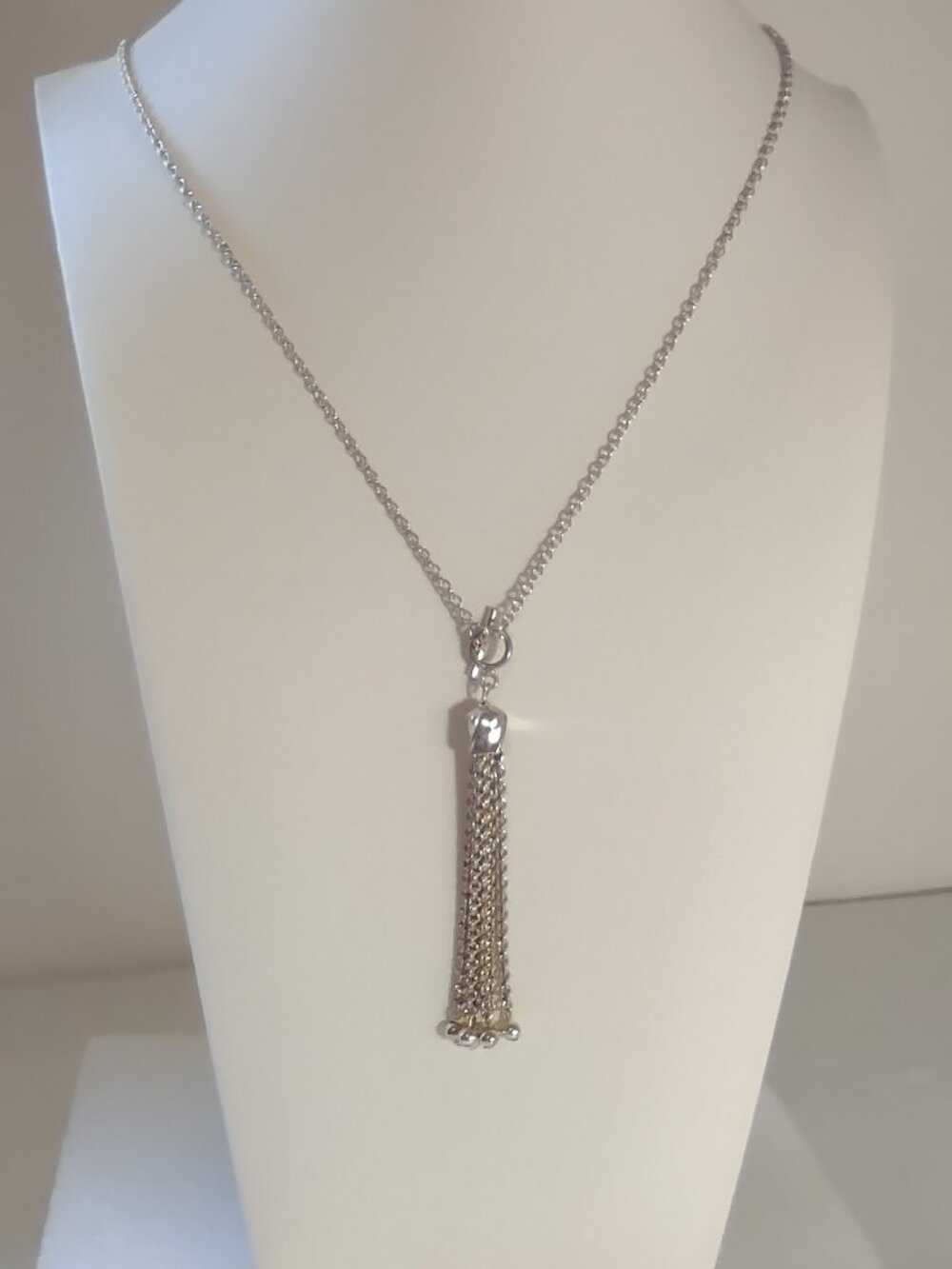 Chain Links Necklace 17.5" Long W/Dome & Dangling Links Sterling Silver 925